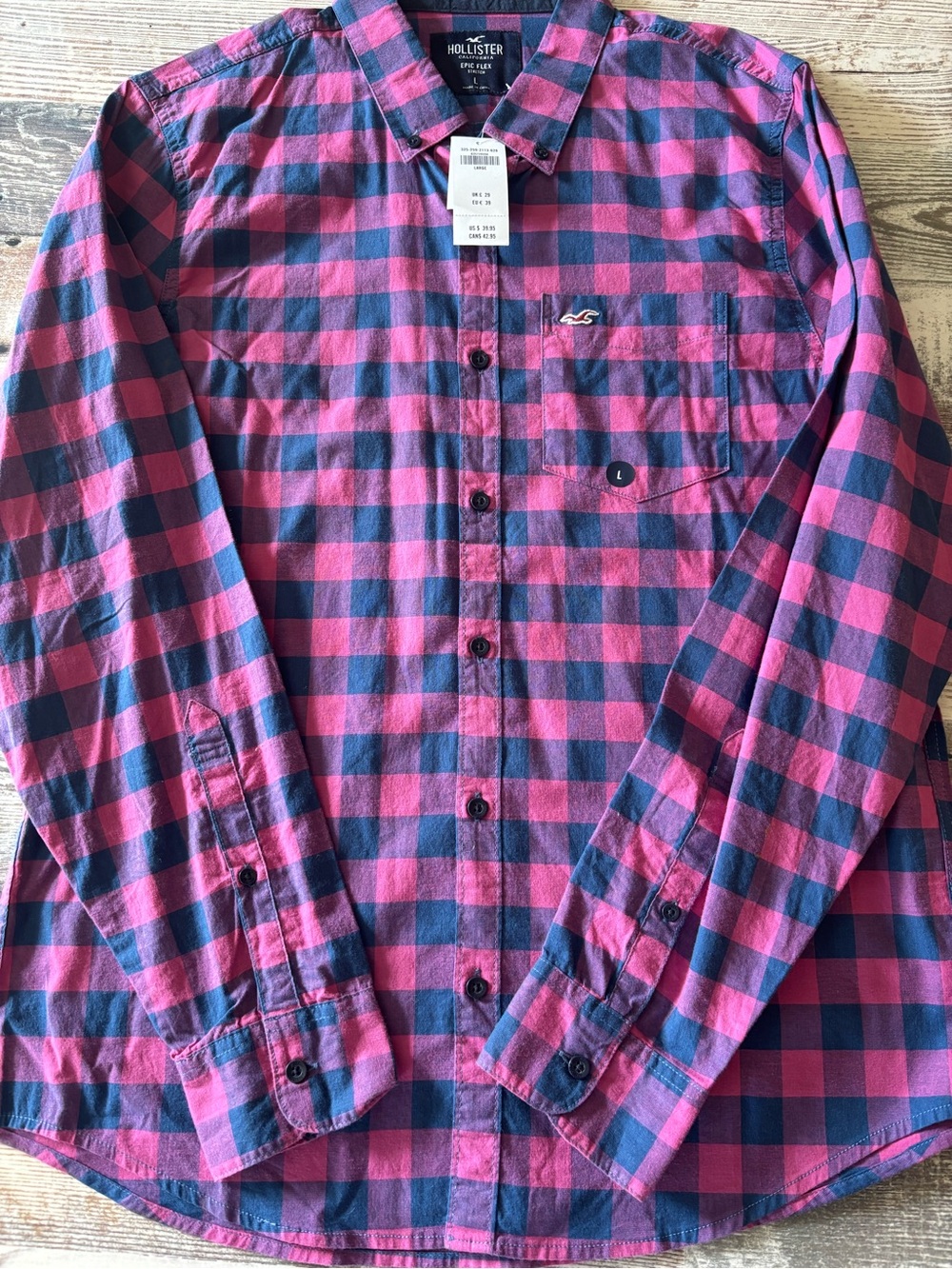 Hollister Pink and Navy Plaid Long-Sleeve Button-Down Shirt